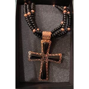 Jay King Black Onyx & Copper Cross Statement Necklace New in Box